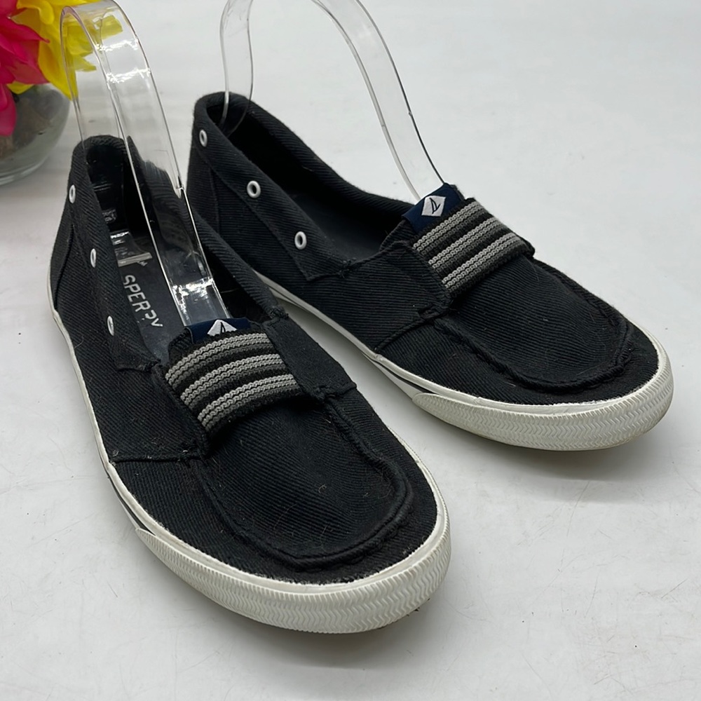 Sperry Black Canvas Slip On Boat Shoes Sz 9. SPR2543
